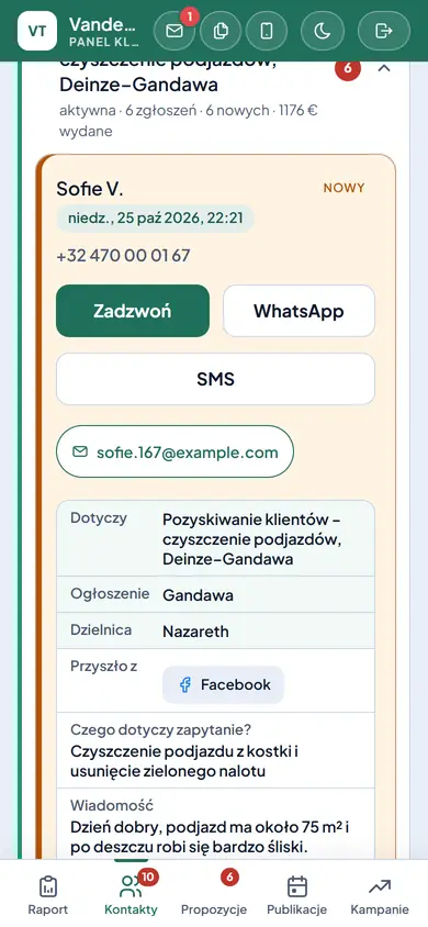 Karta kontaktu w aplikacji z przyciskiem połączenia