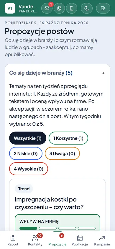 Propozycje postów w aplikacji na telefon